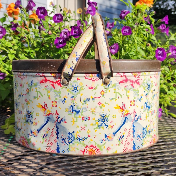 Vintage Tin Litho Picnic Basket/Lunch Pail, summer, storage, purse, toy box, sewing basket