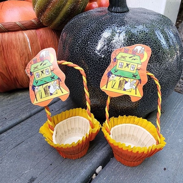 Pair of Vintage Paper Nut Cups, Candy Container, Haunted House Halloween