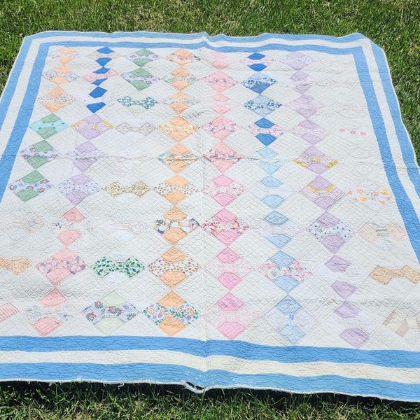 Vintage Bowtie Block Quilt, Blue/muti-colored, full, hand quilted, feed sack
