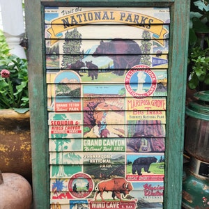 Repurposed Shutter Wall Hanging, National Parks,chippy green paint