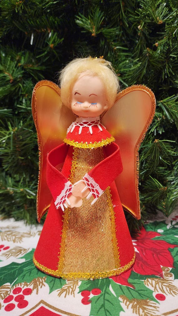 angel tree topper with red dress Hand Felted Red Praying Holiday Angel Tree Topper