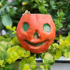 Vintage Halloween Paper Mache&#39; Jack-o-lantern Pumpkin, mini, candy container