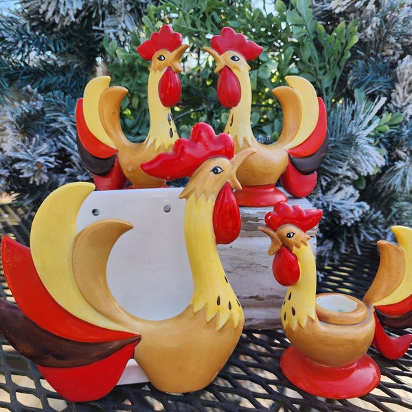 Vintage Holt Howard Coq Rouge Rooster Table set(4 piece),  Salt & Pepper Shakers, Napkin Holder, Candle Stick Holder, Japan