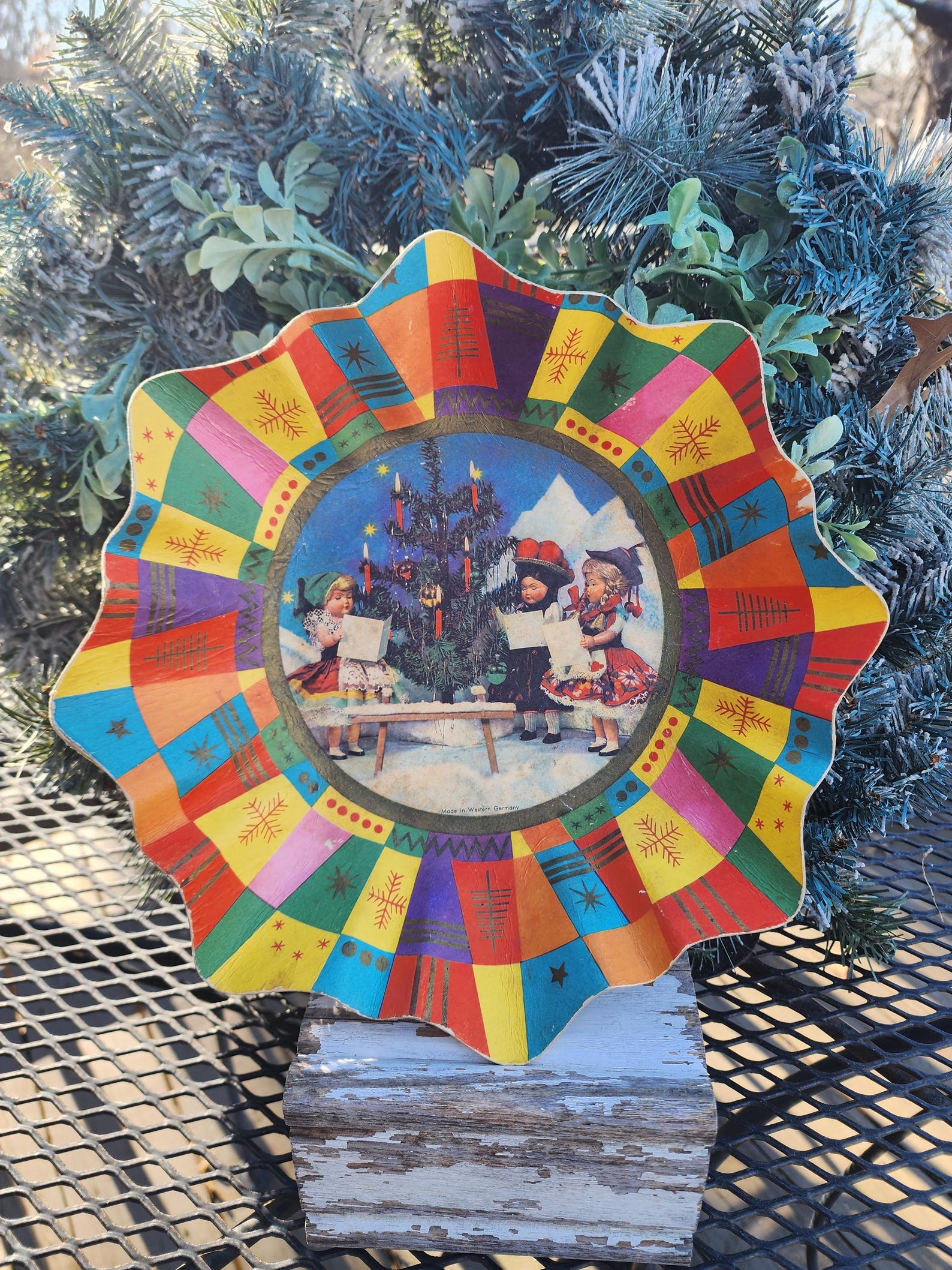 Vintage Christmas German Choir Girl Deer Candy/Cookie Platter/Tray, West Germany, cardboard, paper