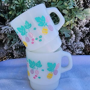 Vintage Fire King Mugs with Easter Decal, Set of 2, "Gooseberries" Pattern,