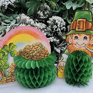 May include: St. Patrick's Day decorations featuring a leprechaun, a rainbow with a pot of gold, and green honeycomb paper decorations. The leprechaun wears a green hat and smokes a pipe. The background is a snowy, green, and white scene.