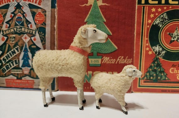 Vintage Christmas German Wooly Matchstick Sheep, Set of 2, West 