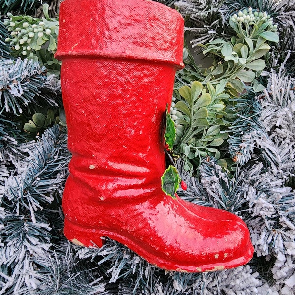 Vintage Christmas Paper Mache Santa Boot, Holly leaf/berry