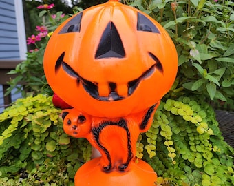 Vintage Halloween Blowmold, black cat and jack-o-lantern