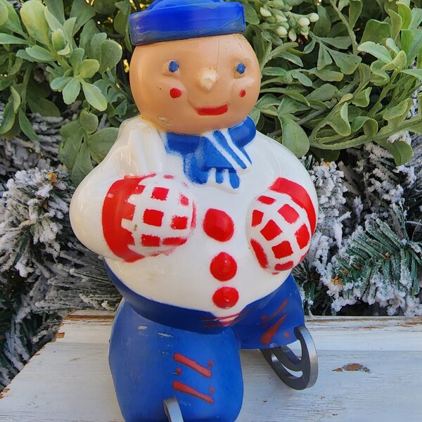 Muñeco de nieve de patinaje de celuloide Rosbro vintage, contenedor de dulces, decoración de invierno
