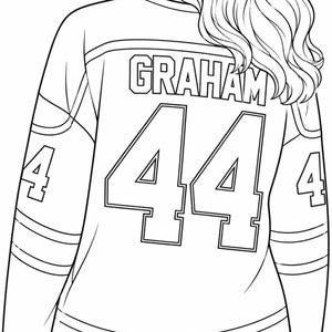 Puede incluir: Dibujo lineal de una camiseta con el nombre "GRAHAM" y el n&uacute;mero "44" en la espalda. La camiseta es blanca con letras y n&uacute;meros negros. El n&uacute;mero "4" tambi&eacute;n est&aacute; en las mangas.