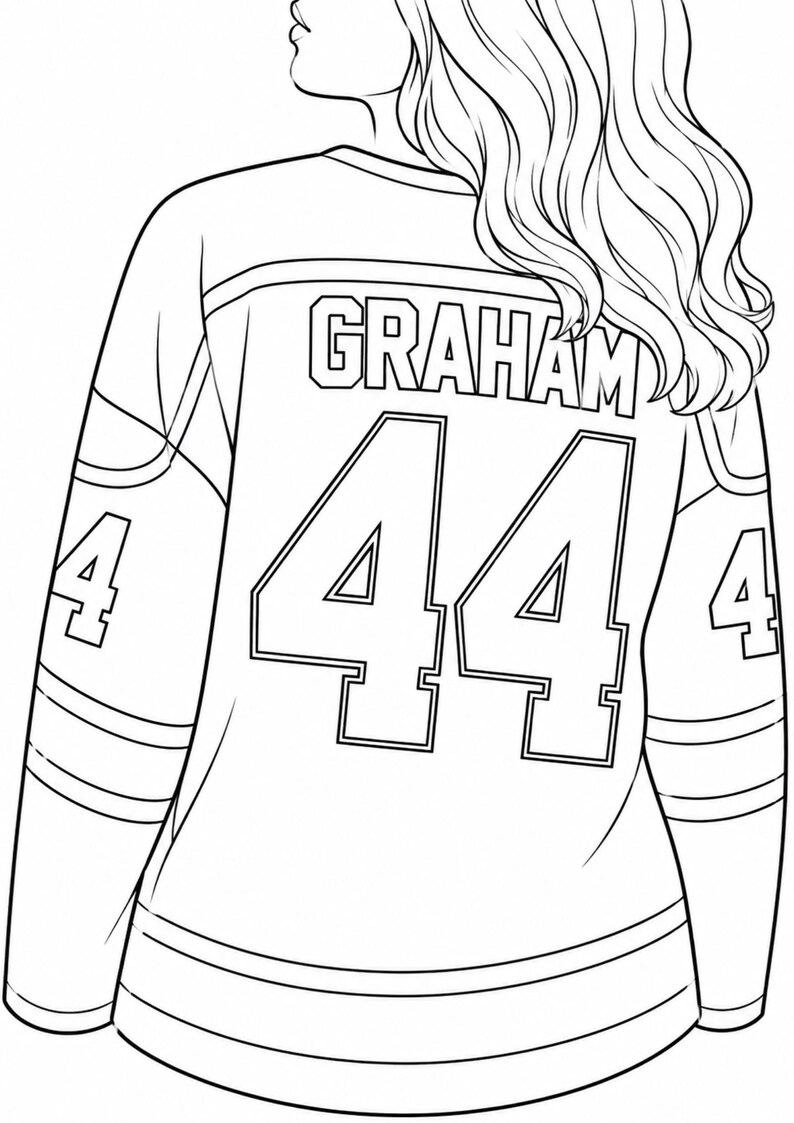 Puede incluir: Dibujo lineal de una camiseta con el nombre "GRAHAM" y el n&uacute;mero "44" en la espalda. La camiseta es blanca con letras y n&uacute;meros negros. El n&uacute;mero "4" tambi&eacute;n est&aacute; en las mangas.