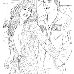Puede incluir: Ilustraci&oacute;n en blanco y negro de un hombre y una mujer. La mujer lleva un vestido estampado con una hebilla grande. El hombre lleva un traje de vuelo con un parche de "Maverick". El fondo incluye una l&aacute;mpara y banderines decorativos.