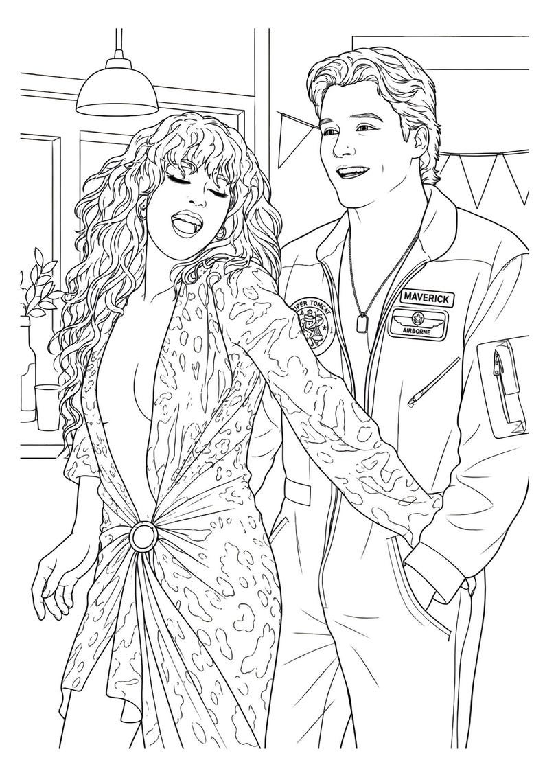 Puede incluir: Ilustraci&oacute;n en blanco y negro de un hombre y una mujer. La mujer lleva un vestido estampado con una hebilla grande. El hombre lleva un traje de vuelo con un parche de "Maverick". El fondo incluye una l&aacute;mpara y banderines decorativos.