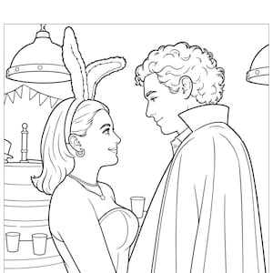 Puede incluir: Ilustraci&oacute;n en blanco y negro de una pareja mir&aacute;ndose. La mujer lleva una diadema de orejas de conejo, un collar y un top sin tirantes. El hombre lleva una capa. El fondo incluye una tarta y l&aacute;mparas colgantes.