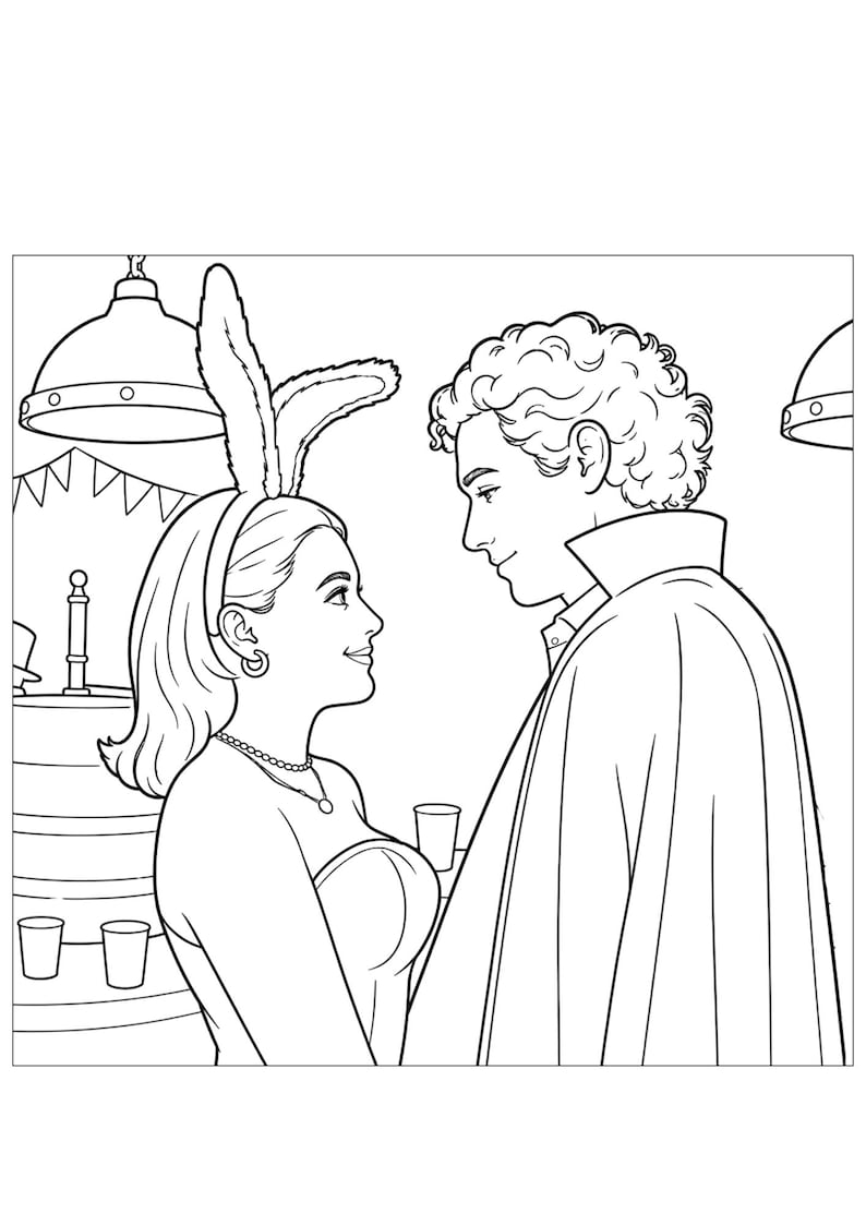 Puede incluir: Ilustraci&oacute;n en blanco y negro de una pareja mir&aacute;ndose. La mujer lleva una diadema de orejas de conejo, un collar y un top sin tirantes. El hombre lleva una capa. El fondo incluye una tarta y l&aacute;mparas colgantes.