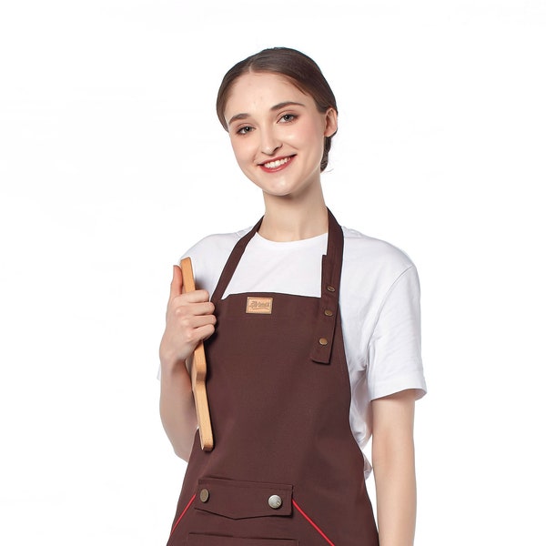 Luxury Brown Canvas Apron with Adjustable Neck Strap and Front Pockets