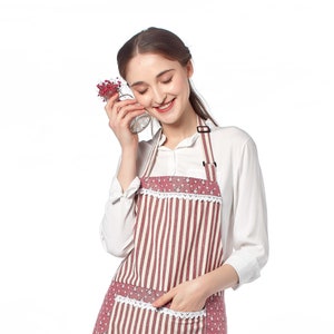 Pink Waterproof Apron for Women with Beautiful Stripes, Little Flowers and Front Big Pocket