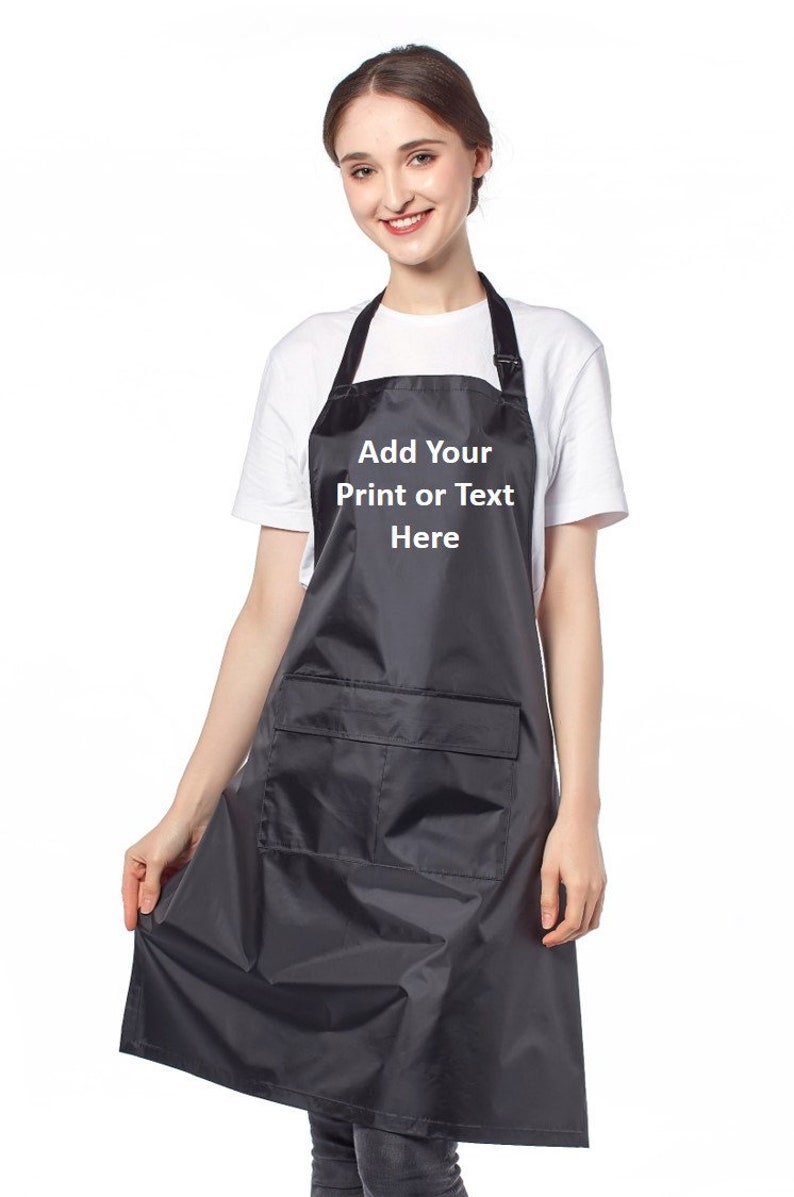 Personalised Wipeable Sanitazible Black Waterproof Soft PVC Apron with Adjustable Neck Strap and Front Pocket, Add Your Text and Logo image 1