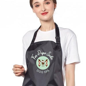 Personalised Wipeable Sanitazible Black Waterproof Soft PVC Apron with Adjustable Neck Strap and Front Pocket, Add Your Text and Logo image 3