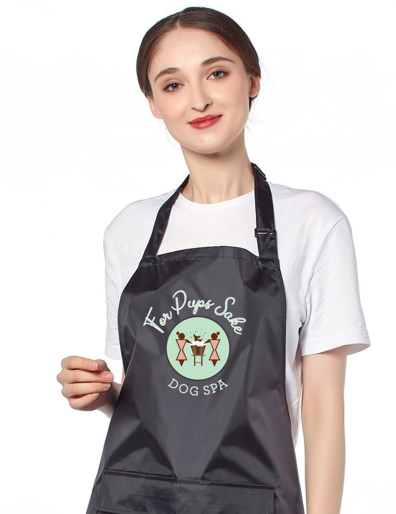 Personalised Wipeable Sanitazible Black Waterproof Soft PVC Apron with Adjustable Neck Strap and Front Pocket, Add Your Text and Logo image 3