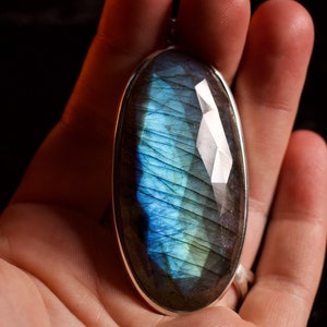 Faceted Blue Labradorite Pendant, Solid Sterling Silver, Statement Piece Necklace, Genuine High Grade Labradorite Jewelry