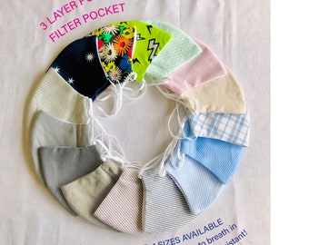 3 layer Cotton Blend Mask+Nose Wire optional | Adult, Teen, Kid Face Mask | Anti fog Mask | Filter Pocket Mask | Ready to ship