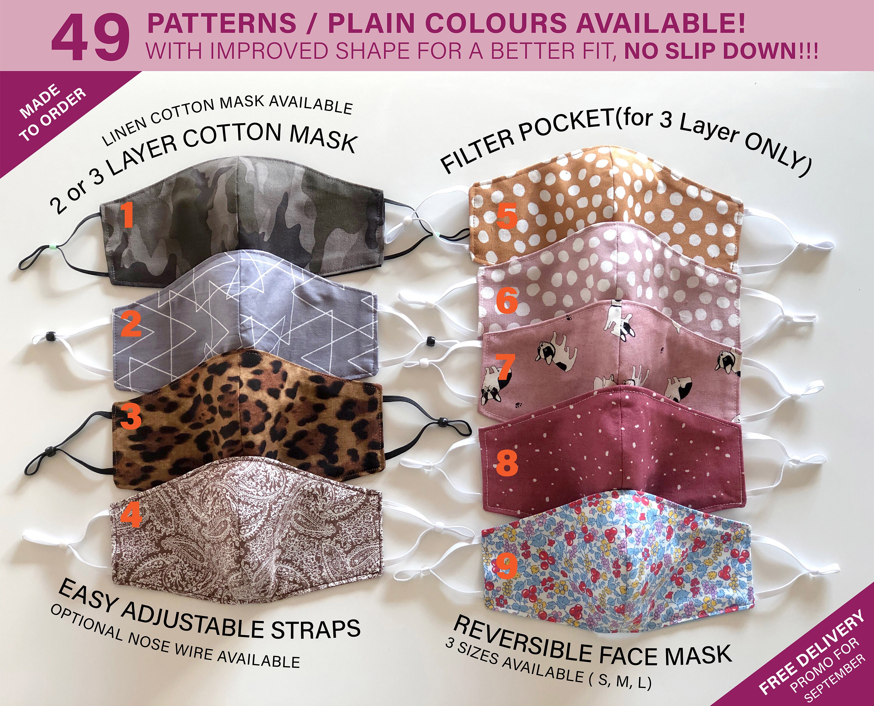 Handmade Masks Adult Kids sizes Reusable 2 or 3 layer Etsy