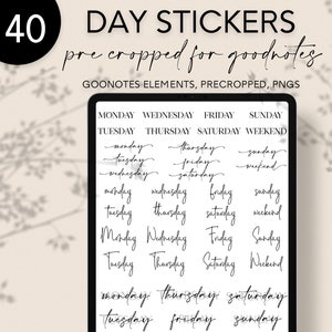 Days of the Week Stickers Goodnotes Digital Planner Stickers Precropped Elements Collection Aesthetic Black Text Essential Calendar Kit