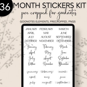 May include: A digital planner page with 36 pre-cropped month stickers for Goodnotes. The stickers are in black text on a white background and include the months of January through December.