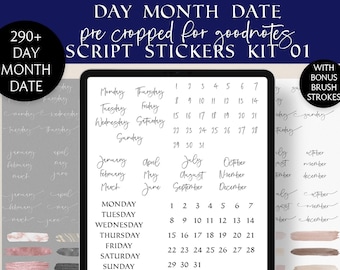 Day Month Date Script Stickers for Goodnotes Pre Cropped Stickers Digital iPad Stickers Minimalist Brush Strokes PNG Days of Week Xodo