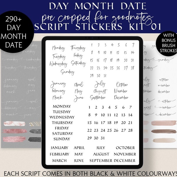 Day Month Date Script Stickers for Goodnotes Pre Cropped Stickers Digital iPad Stickers Minimalist Brush Strokes PNG Days of Week Xodo