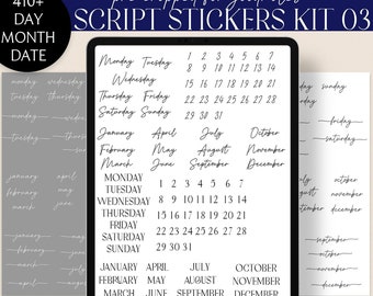 Day Month Date Digital Stickers GoodNotes Pre-cropped Digital Planner Sticker Basic Script Stickers Aesthetic Black Glitter Text PNG DMD