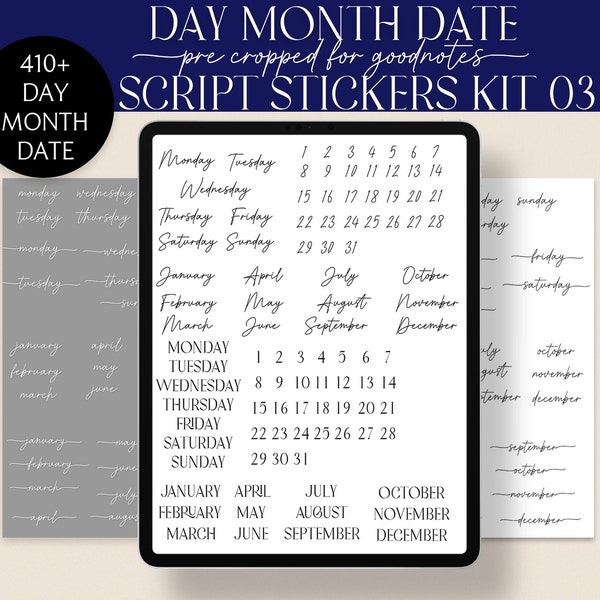 Day Month Date Digital Stickers GoodNotes Pre-cropped Digital Planner Sticker Basic Script Stickers Aesthetic Black Glitter Text PNG DMD