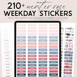 May include: Digital planner stickers featuring the text "210+ winter rose WEEKDAY STICKERS". The stickers are in various pastel colors, including pink, blue, and beige, with the days of the week written on them. The image also includes floral patterned stickers.