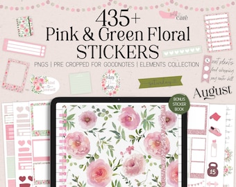 Pink Digital Stickers Goodnotes Floral Functional Widgets Green Planner Sticker Book Elements Collection Pre Cropped Postive Quotes RPF