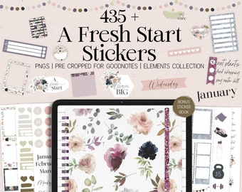 Fresh Start Digital Stickers Goodnotes Floral Sticker Book Glitter Planner Sticker Mauve Elements Collection Aesthetic Functional FSF