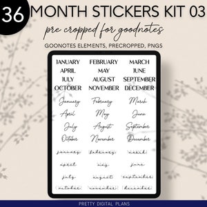 May include: A digital planner page with 36 pre-cropped month stickers for Goodnotes. The stickers are in black text on a white background and feature the months of the year in both uppercase and lowercase lettering. The text "GOONOTES ELEMENTS, PRECROPPED, PNGS" is at the top of the page. The text "PRETTY DIGITAL PLANS" is at the bottom of the page.