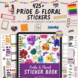 May include: A digital planner with a purple cover and the text "Pride & Floral Sticker Book" on it. The planner is open to a page with a watercolour floral pattern in shades of pink, red, yellow, blue, and green. The planner is surrounded by a variety of stickers with rainbow stripes, hearts, and floral designs. The text "425+ Pride & Floral Stickers" is at the top of the image.