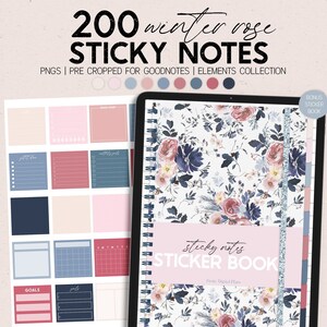 Puede incluir: Un libro de pegatinas para planificadores digitales con un diseño floral que presenta rosas de invierno en tonos azules, rosas y blancos. La portada dice "sticky notes STICKER BOOK" y "Pretty Digital Plans". El libro incluye 200 pegatinas PNG precortadas para Goodnotes.