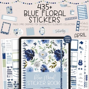May include: A digital planner sticker book with a blue floral design. The cover features a watercolor pattern of blue and white flowers. The book includes 435+ stickers, including a bonus sticker book. The text "blue floral sticker book" is printed on the cover.