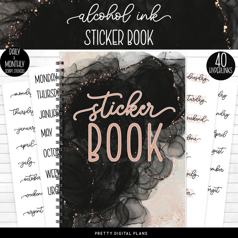Black Rose Gold Alcohol Ink Digital Sticker Book for Goodnotes Weekday ...