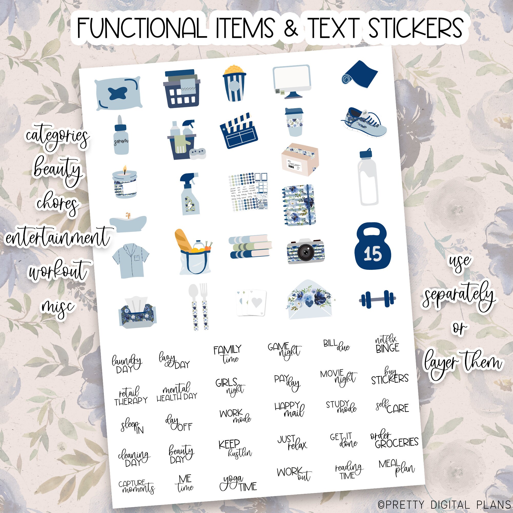 Blue Digital Stickers Goodnotes Floral Sticker Book Functional Planner ...