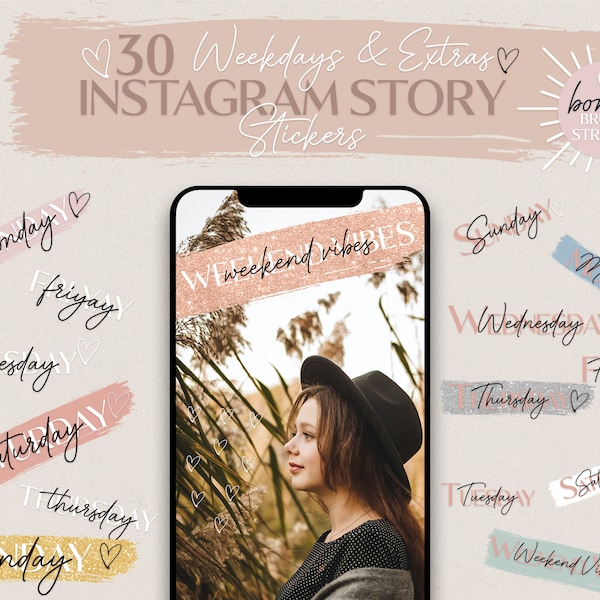 30+ Instagram Story Sticker Social Media Sticker English Sticker PNG Instant Download Stickers Digital Scrapbook Elements Days of the Week