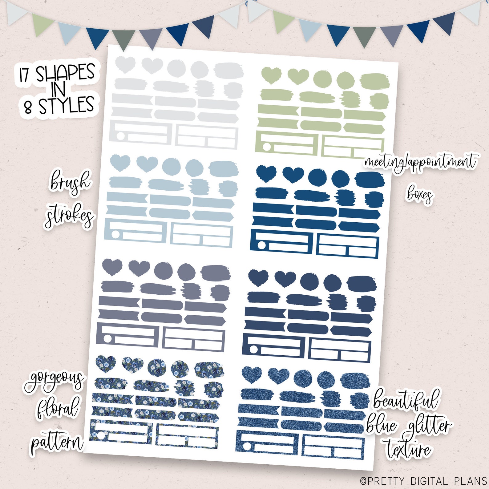 Blue Digital Stickers Goodnotes Floral Sticker Book Functional Planner ...