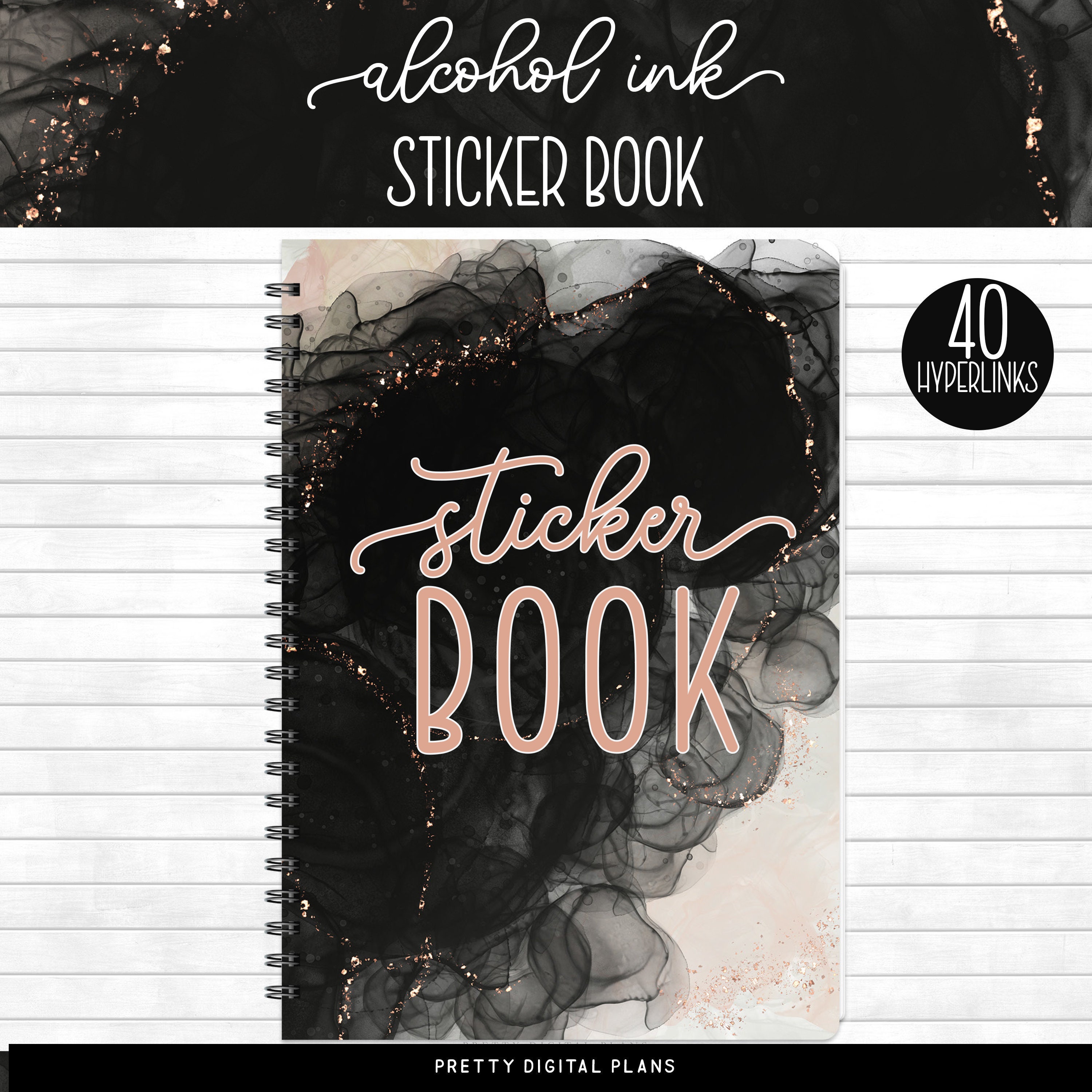 Black Rose Gold Alcohol Ink Digital Sticker Book for Goodnotes Weekday ...
