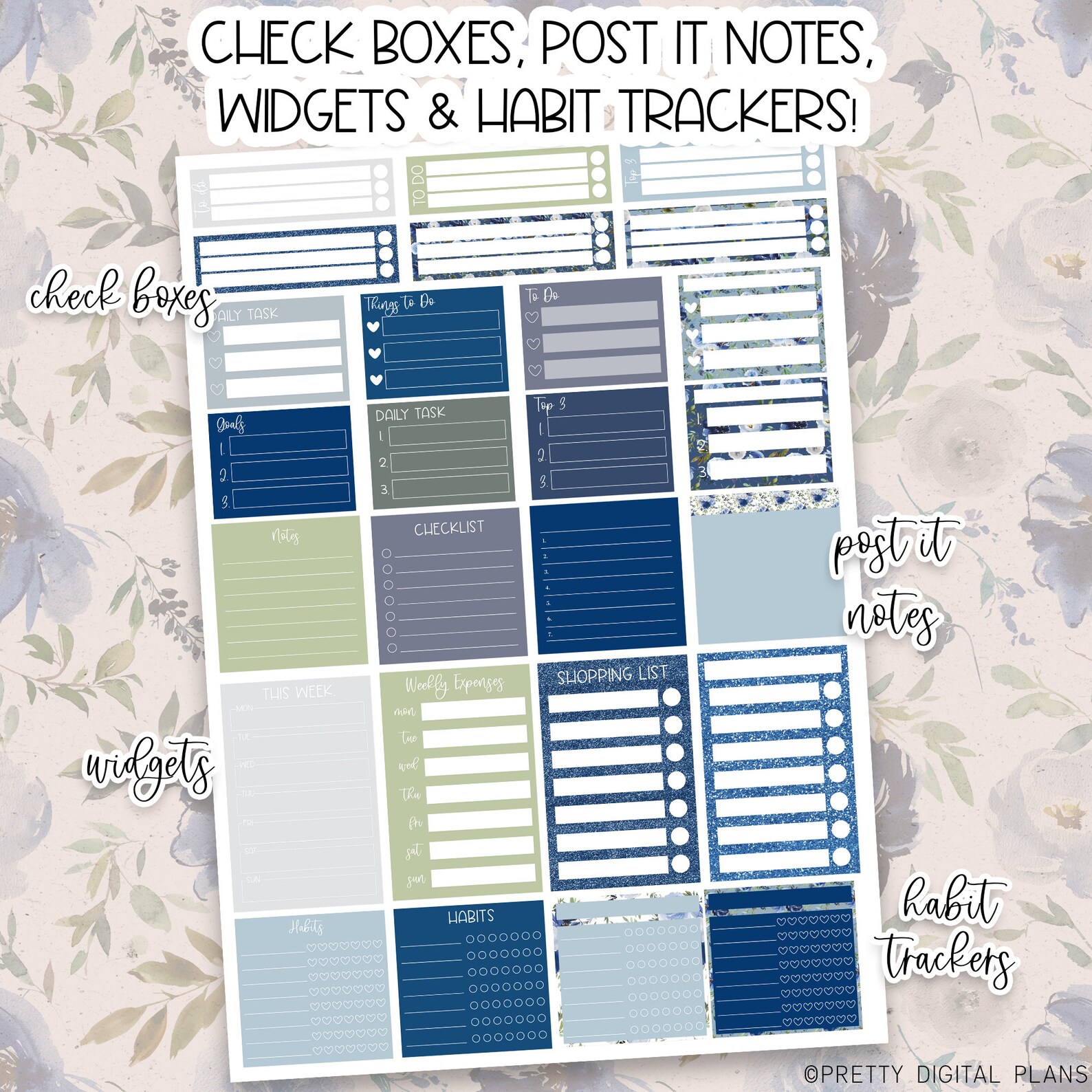 Blue Digital Stickers Goodnotes Floral Sticker Book Functional Planner ...