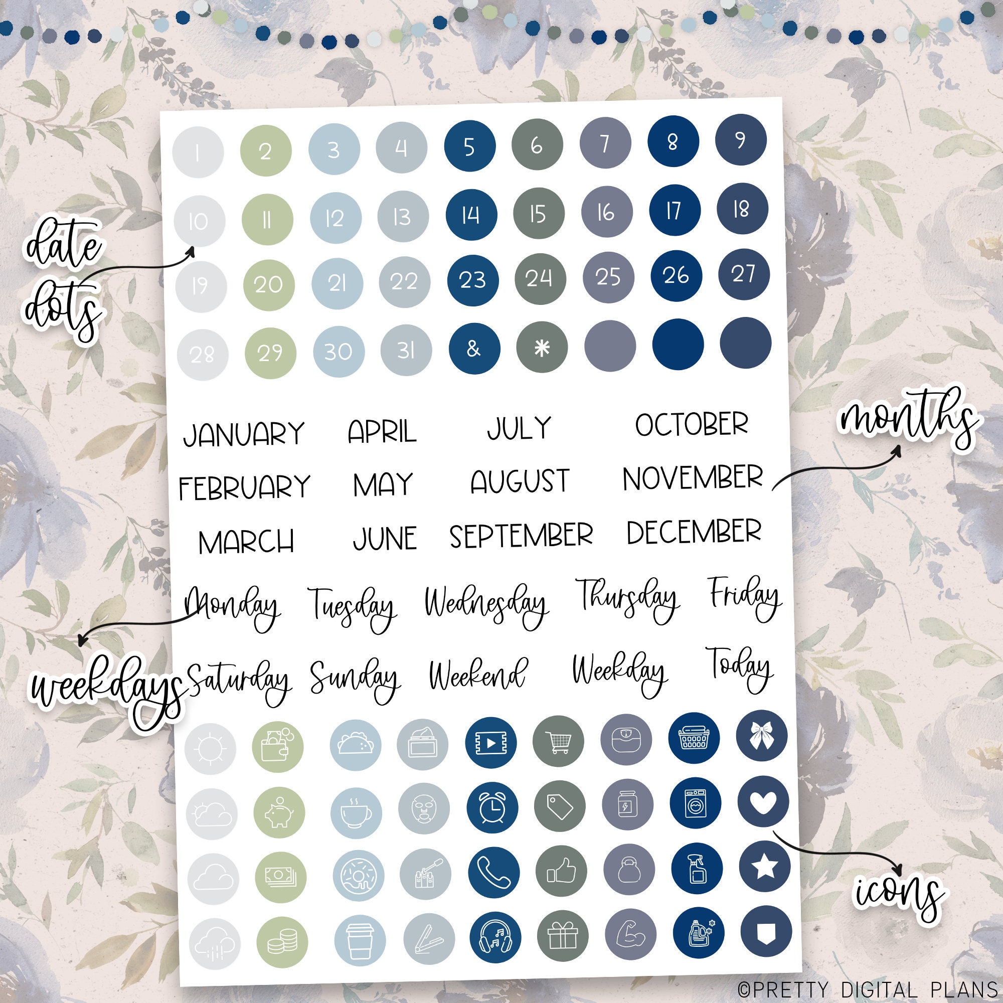 Blue Digital Stickers Goodnotes Floral Sticker Book Functional Planner ...