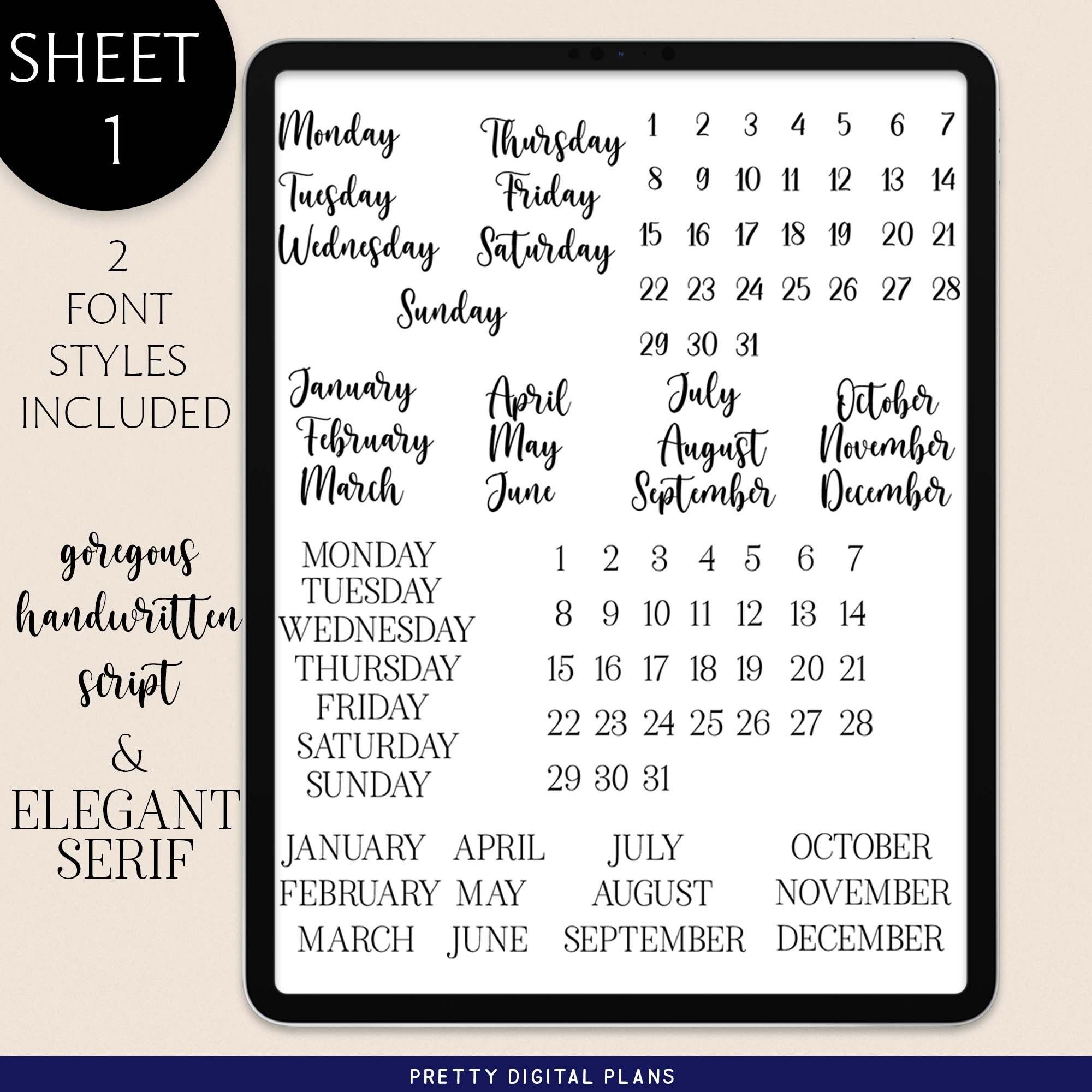 Weekdays Months Digital Stickers for Goodnotes Elements Basic Pre ...