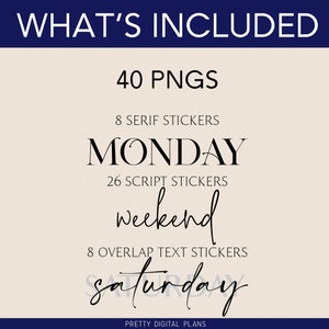 May include: A digital planner graphic design with the text "WHAT'S INCLUDED" in blue, "40 PNGS", "8 SERIF STICKERS", "MONDAY", "26 SCRIPT STICKERS", "weekend", "8 OVERLAP TEXT STICKERS", "Saturday", and "PRETTY DIGITAL PLANS".